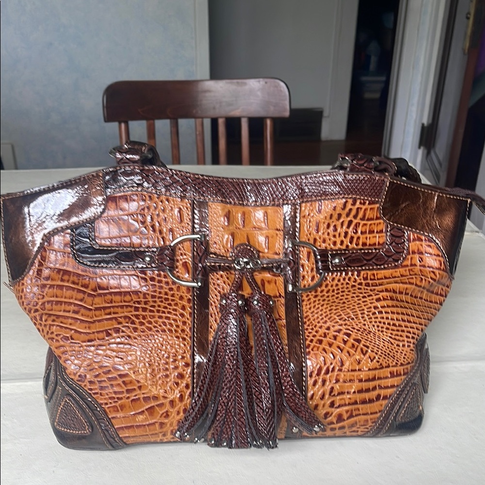 Brown Crocodile Embossed Shoulder Bag with Tassels